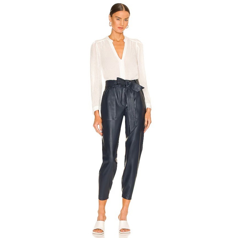 NWT Brochu Walker Tide Pull On‎ Pant Navy Blue Faux Leather Sz XS Tie Waist Chic